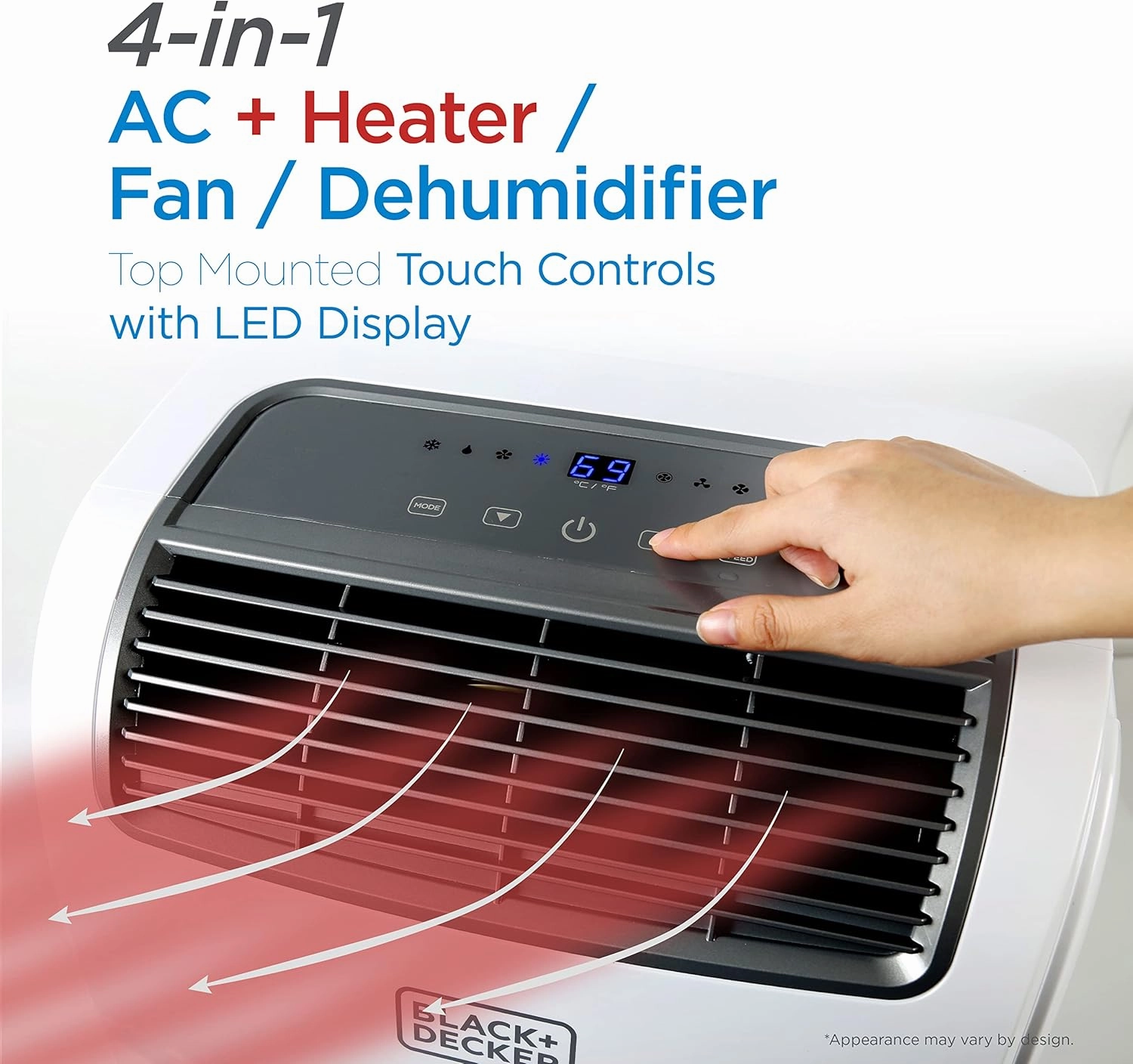 BLACK DECKER Smart Portable Air Conditioner with Heat, 14,000 BTU Cooling, 12,000 BTU Heating for Rooms up to 700 Sq. Ft., Follow Me Remote, BPACT14HWT, White