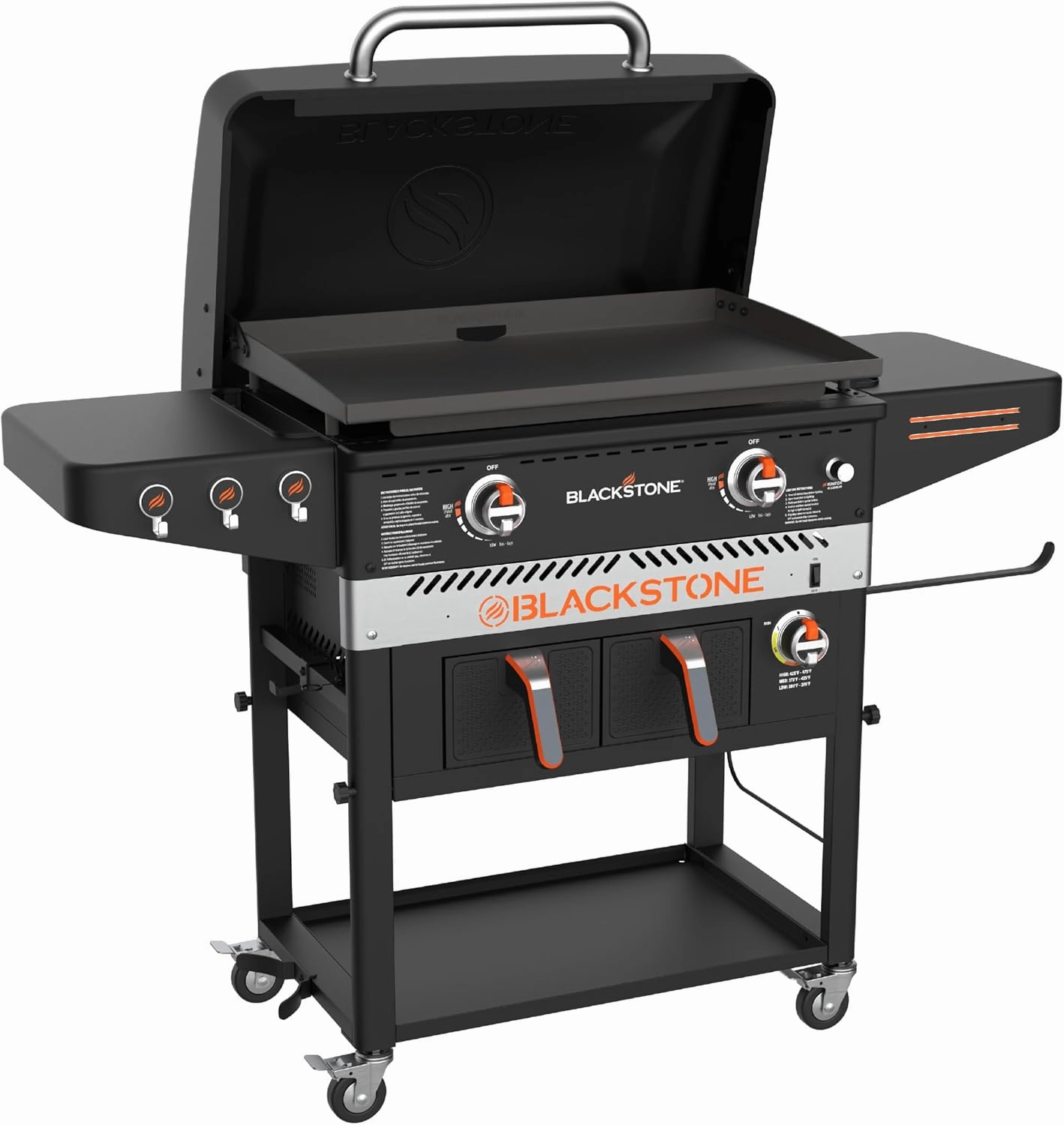 Blackstone 1962 Air Fryer Combo & Two Burners Stainless Steel Gas Hood, Wheels, Two Side Shelf – Heavy Duty Outdoor Griddle Station for Backyard, Patio, 28 inch Black