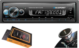 BLAUPUNKT Vermont 72 Single Din Mechless Bluetooth Receiver w/USB/AUX/SD/SD, Front Audio in, Front USB Connection, MicroSD Slot with Gravity Magnet Phone Holder Bundle