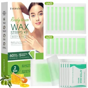 Body Wax Strips for Hair Removal: 60 Strips (40 Large, 20 Small) & 5 Oil Wipes – Gentle & Fast for Body, Legs, Face, Eyebrows, Bikini, Lip & Chin – Ideal for women& Men Home & Travel