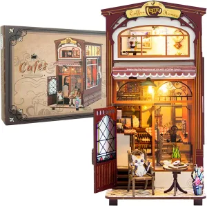 Book Nook Kit Coffee House, DIY Booknooks Kit for Adults Women Girls Teens, Bookshelf Diorama Miniature Scenes Insert Decor with LED Light, Miniature House Kit Wooden Crafts Gifts