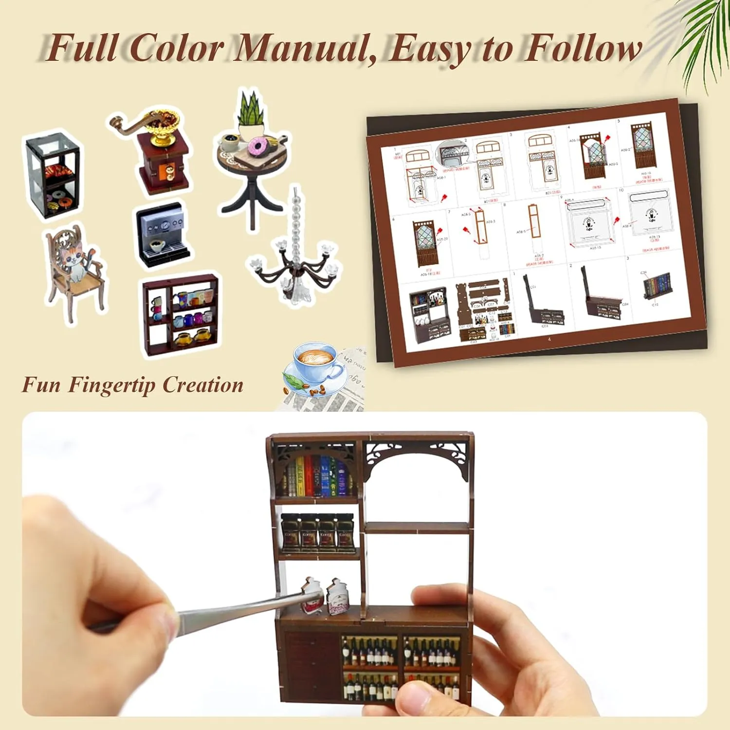 Book Nook Kit Coffee House, DIY Booknooks Kit for Adults Women Girls Teens, Bookshelf Diorama Miniature Scenes Insert Decor with LED Light, Miniature House Kit Wooden Crafts Gifts