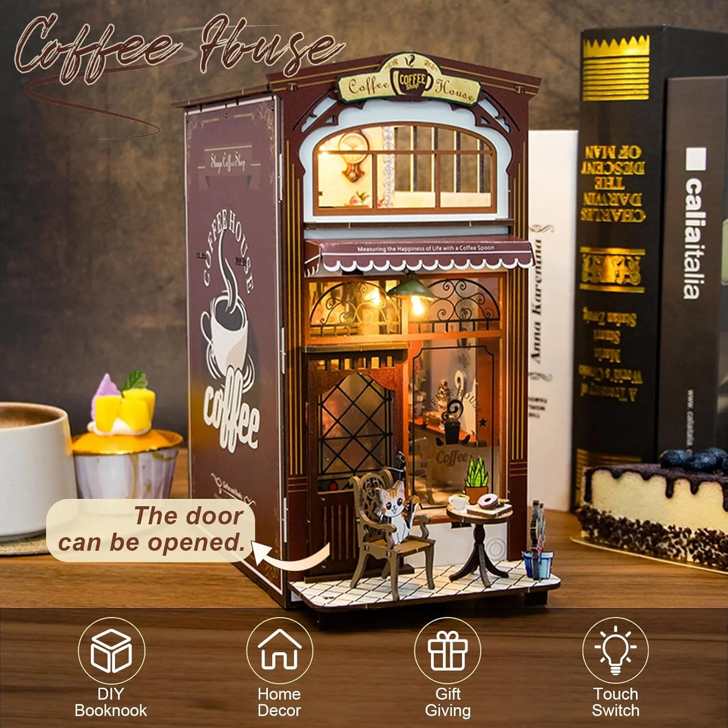 Book Nook Kit Coffee House, DIY Booknooks Kit for Adults Women Girls Teens, Bookshelf Diorama Miniature Scenes Insert Decor with LED Light, Miniature House Kit Wooden Crafts Gifts