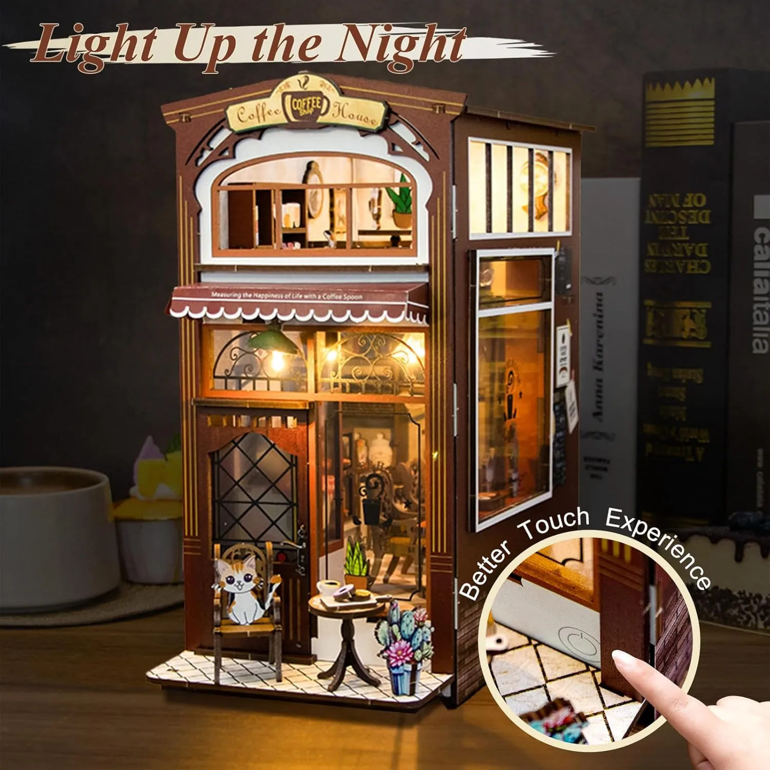 Book Nook Kit Coffee House, DIY Booknooks Kit for Adults Women Girls Teens, Bookshelf Diorama Miniature Scenes Insert Decor with LED Light, Miniature House Kit Wooden Crafts Gifts