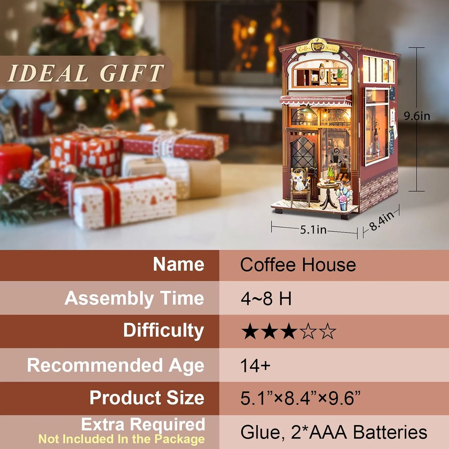 Book Nook Kit Coffee House, DIY Booknooks Kit for Adults Women Girls Teens, Bookshelf Diorama Miniature Scenes Insert Decor with LED Light, Miniature House Kit Wooden Crafts Gifts