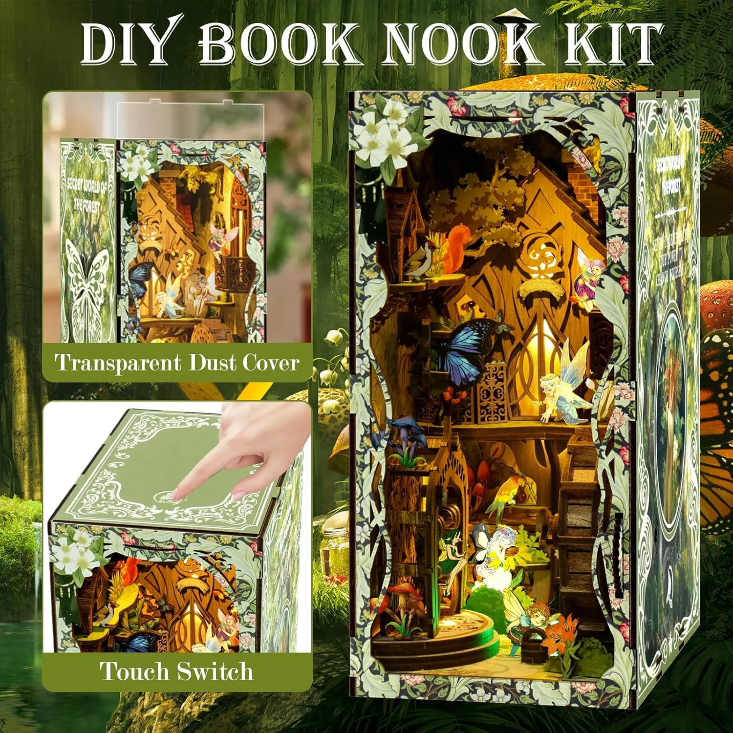 Book Nook Kit, DIY Miniature Dollhouse Booknook Kit with LED Light and Dust Cover for Adults Teens Bookshelf Decor Gifts, for Women Teenagers Craft Lovers(Forest Elf)