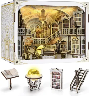Book Nook Kit, DIY Miniature House Kit for Adults Teens, Dollhouse Booknook Tiny Library House, 3D Wooden Puzzle Bookend Bookshelf with LED Light (Library of Gods Max)