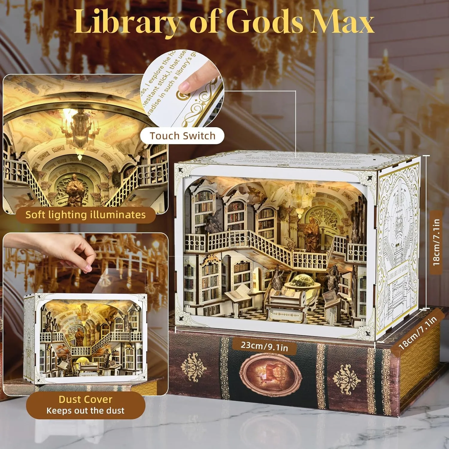 Book Nook Kit, DIY Miniature House Kit for Adults Teens, Dollhouse Booknook Tiny Library House, 3D Wooden Puzzle Bookend Bookshelf with LED Light (Library of Gods Max)