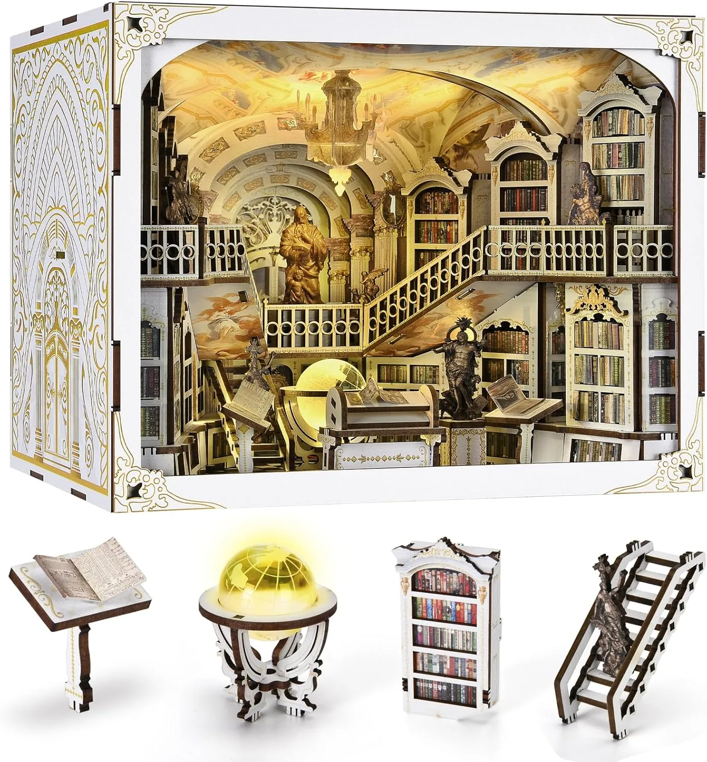 Book Nook Kit, DIY Miniature House Kit for Adults Teens, Dollhouse Booknook Tiny Library House, 3D Wooden Puzzle Bookend Bookshelf with LED Light (Library of Gods Max)