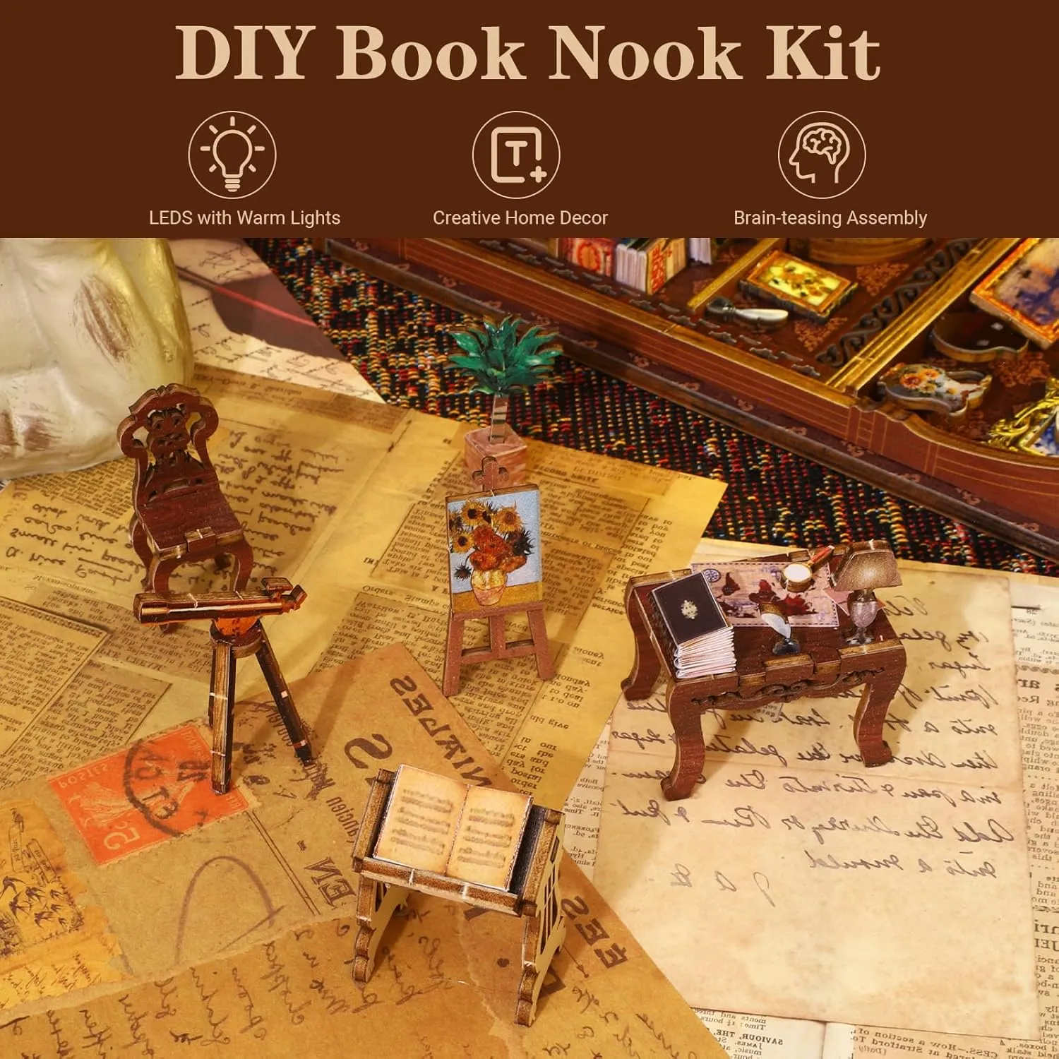 Book Nook Kit - DIY Miniature Model Wooden Dollhouse Booknook with LED Light & Music Box for Adults Teen, Building Tiny House Kit Bookends Shelf Decor Crafts for Boy Girls Gifts - Library of Books