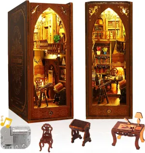 Book Nook Kit - DIY Miniature Model Wooden Dollhouse Booknook with LED Light & Music Box for Adults Teen, Building Tiny House Kit Bookends Shelf Decor Crafts for Boy Girls Gifts - Library of Books