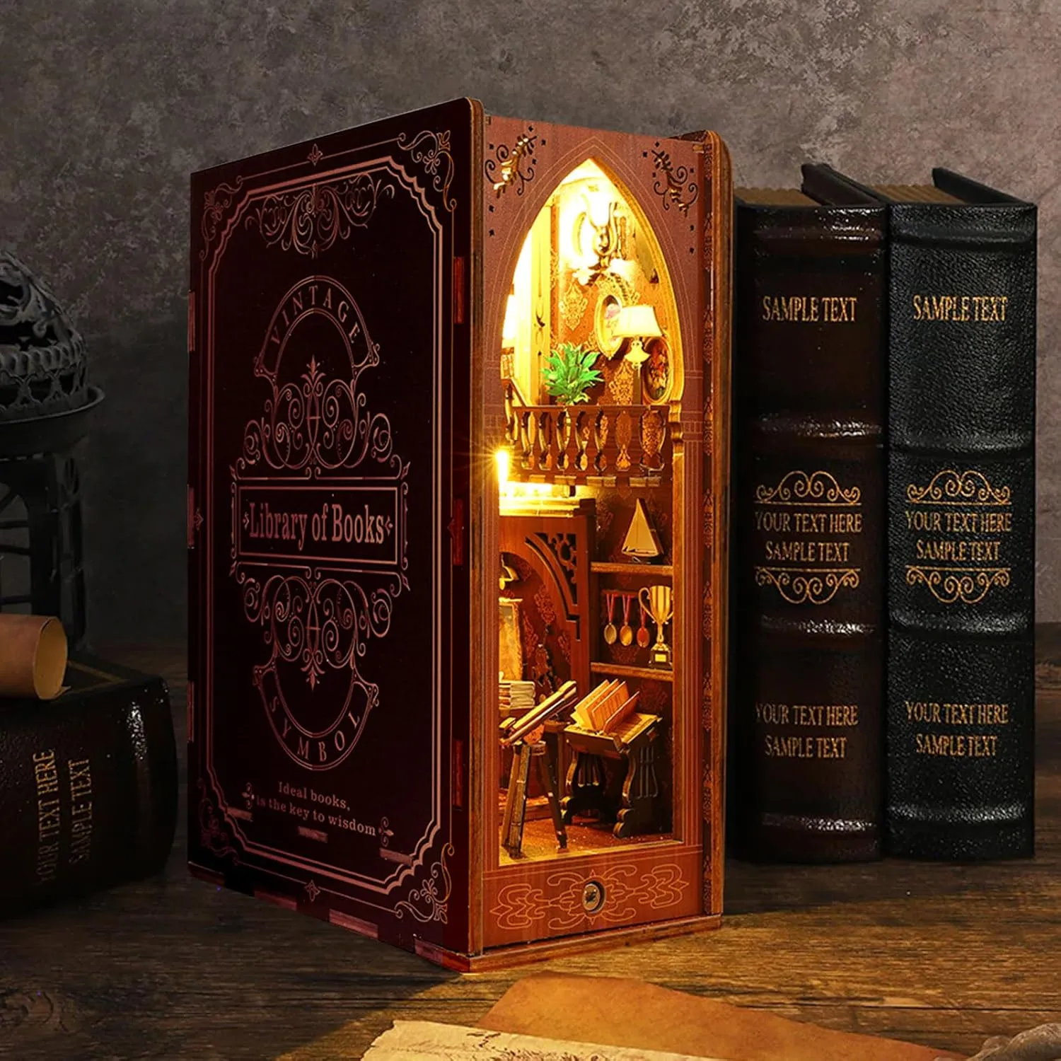 Book Nook Kit - DIY Miniature Model Wooden Dollhouse Booknook with LED Light & Music Box for Adults Teen, Building Tiny House Kit Bookends Shelf Decor Crafts for Boy Girls Gifts - Library of Books