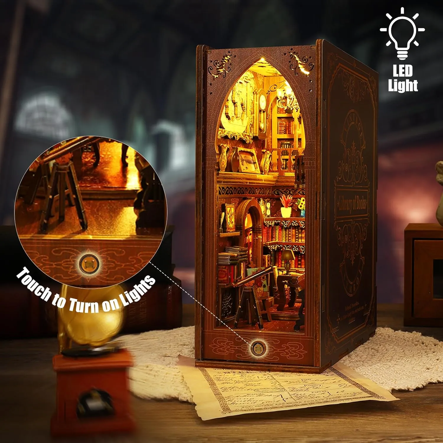 Book Nook Kit - DIY Miniature Model Wooden Dollhouse Booknook with LED Light & Music Box for Adults Teen, Building Tiny House Kit Bookends Shelf Decor Crafts for Boy Girls Gifts - Library of Books