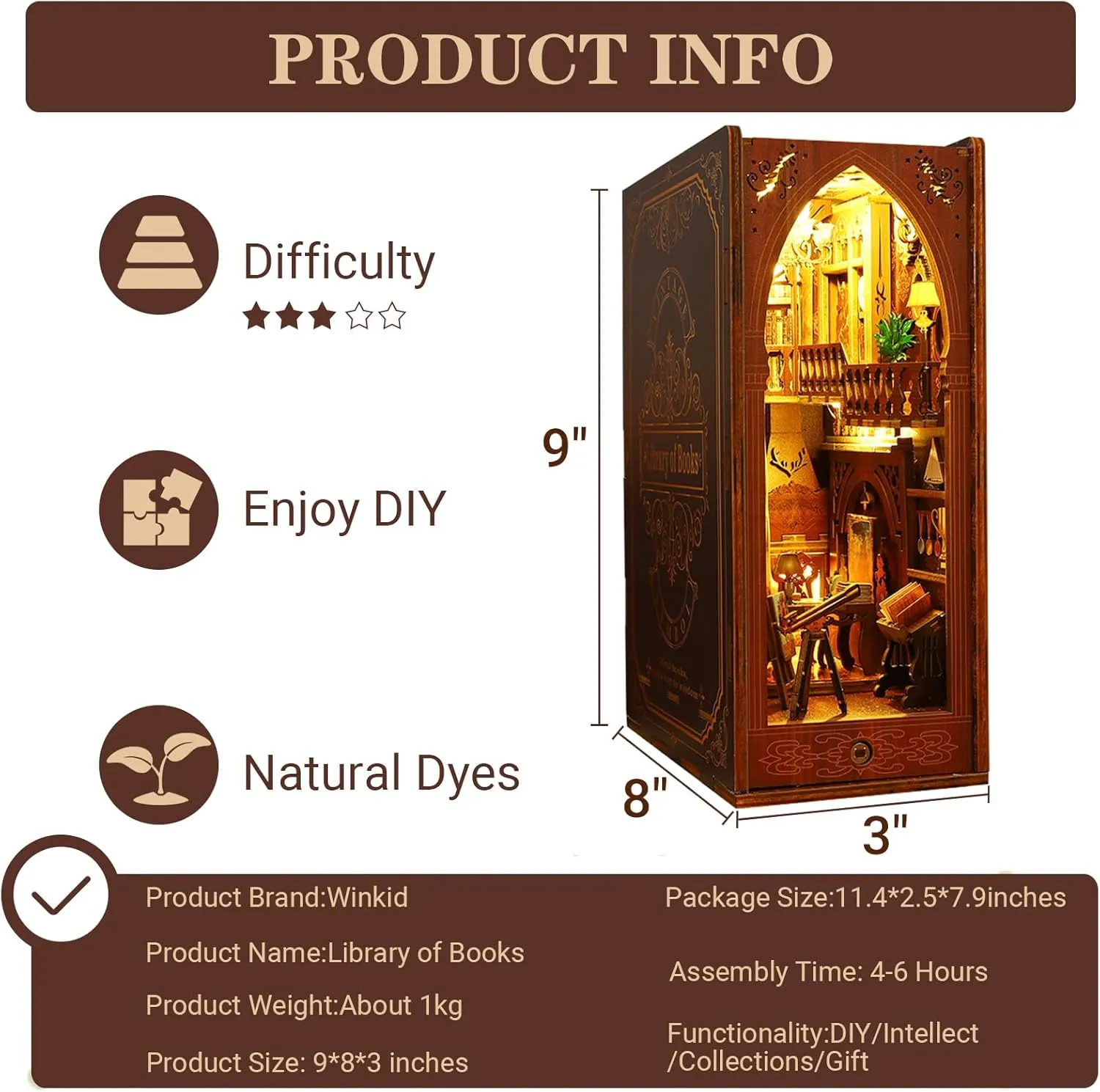 Book Nook Kit - DIY Miniature Model Wooden Dollhouse Booknook with LED Light & Music Box for Adults Teen, Building Tiny House Kit Bookends Shelf Decor Crafts for Boy Girls Gifts - Library of Books