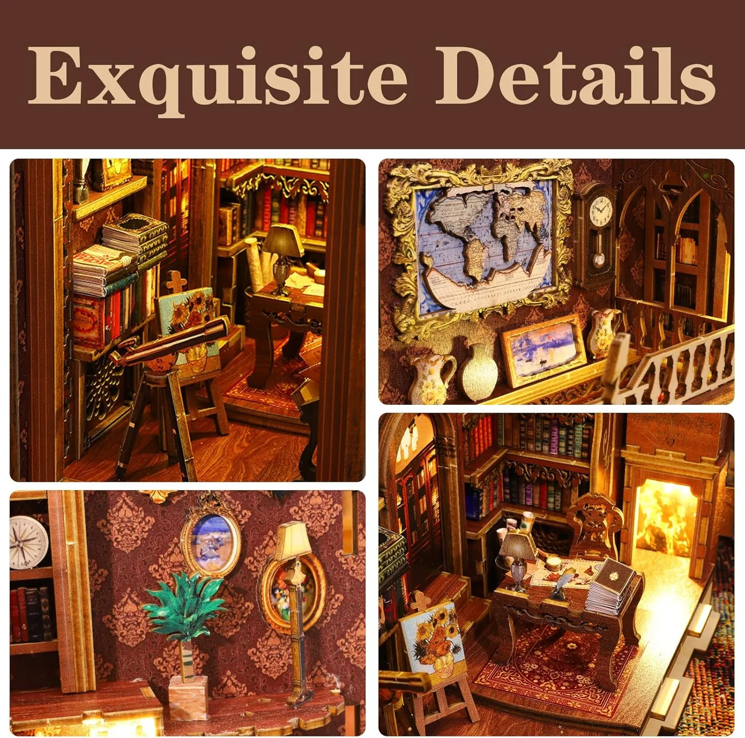 Book Nook Kit - DIY Miniature Model Wooden Dollhouse Booknook with LED Light & Music Box for Adults Teen, Building Tiny House Kit Bookends Shelf Decor Crafts for Boy Girls Gifts - Library of Books
