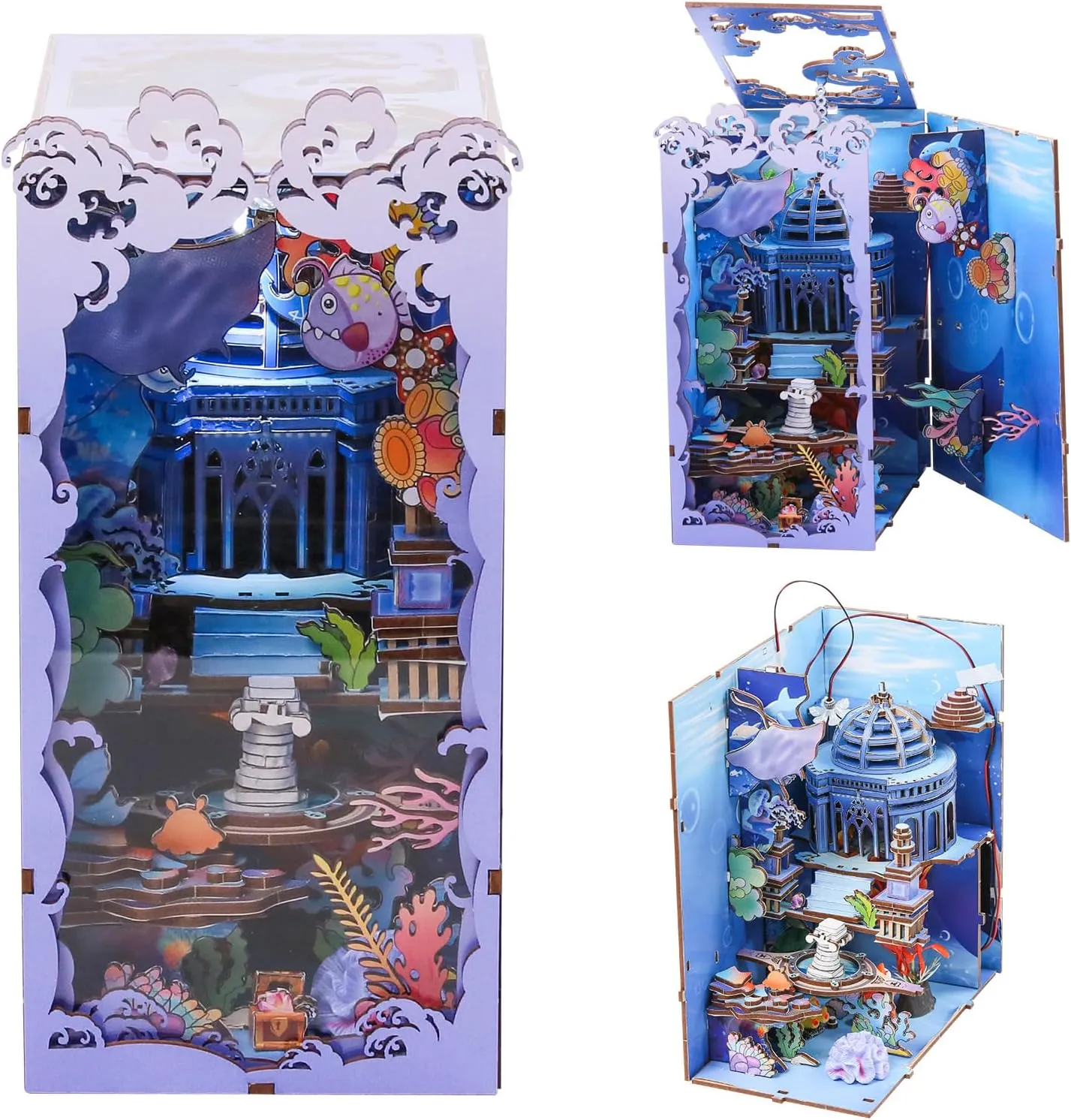 Book Nook Kits for Adults, DIY Book Nook Kit Miniature Ocean House Dollhouse Kit, 3D Wooden Puzzle Booknook Tiny House Bookshelf Decor (Blue)