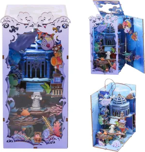 Book Nook Kits for Adults, DIY Book Nook Kit Miniature Ocean House Dollhouse Kit, 3D Wooden Puzzle Booknook Tiny House Bookshelf Decor (Blue)