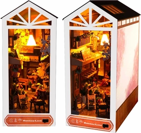Book Nook Kit, Bookshelf Insert Decor Alley 3D Wooden Puzzle Bookshelf Insert Decorative Bookend Model Kits with LED, DIY Miniature Dollhouse Building Set,Gift for Christmas(Rain Alley)