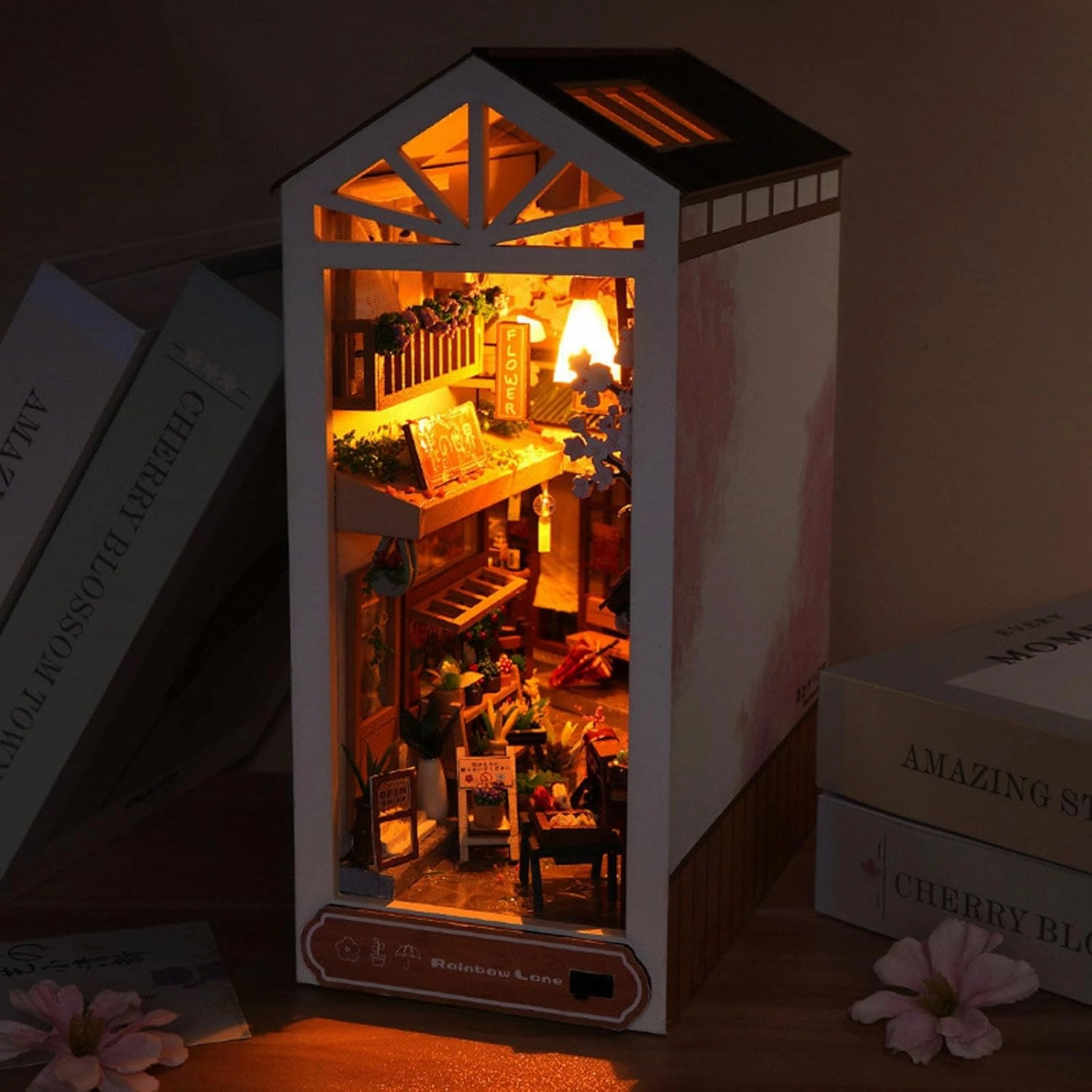 Book Nook Kit, Bookshelf Insert Decor Alley 3D Wooden Puzzle Bookshelf Insert Decorative Bookend Model Kits with LED, DIY Miniature Dollhouse Building Set,Gift for Christmas(Rain Alley)