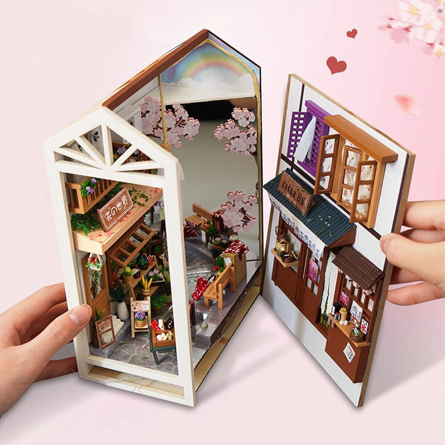 Book Nook Kit, Bookshelf Insert Decor Alley 3D Wooden Puzzle Bookshelf Insert Decorative Bookend Model Kits with LED, DIY Miniature Dollhouse Building Set,Gift for Christmas(Rain Alley)