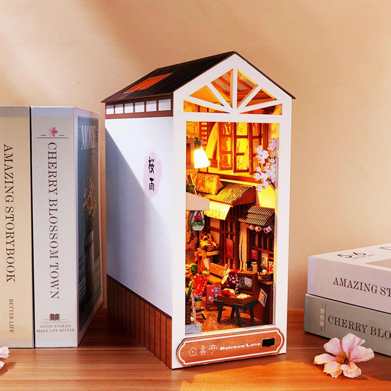 Book Nook Kit, Bookshelf Insert Decor Alley 3D Wooden Puzzle Bookshelf Insert Decorative Bookend Model Kits with LED, DIY Miniature Dollhouse Building Set,Gift for Christmas(Rain Alley)