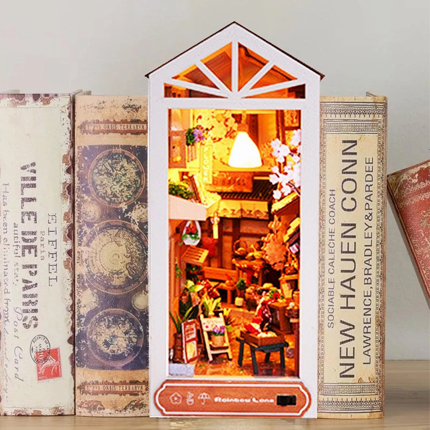 Book Nook Kit, Bookshelf Insert Decor Alley 3D Wooden Puzzle Bookshelf Insert Decorative Bookend Model Kits with LED, DIY Miniature Dollhouse Building Set,Gift for Christmas(Rain Alley)