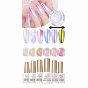 Born Pretty 6PCS Jelly Pink Moonlight Crystal Glass Cat Magnetic Eye Gel Nail Polish with 1 Box Auroras Nail Powder