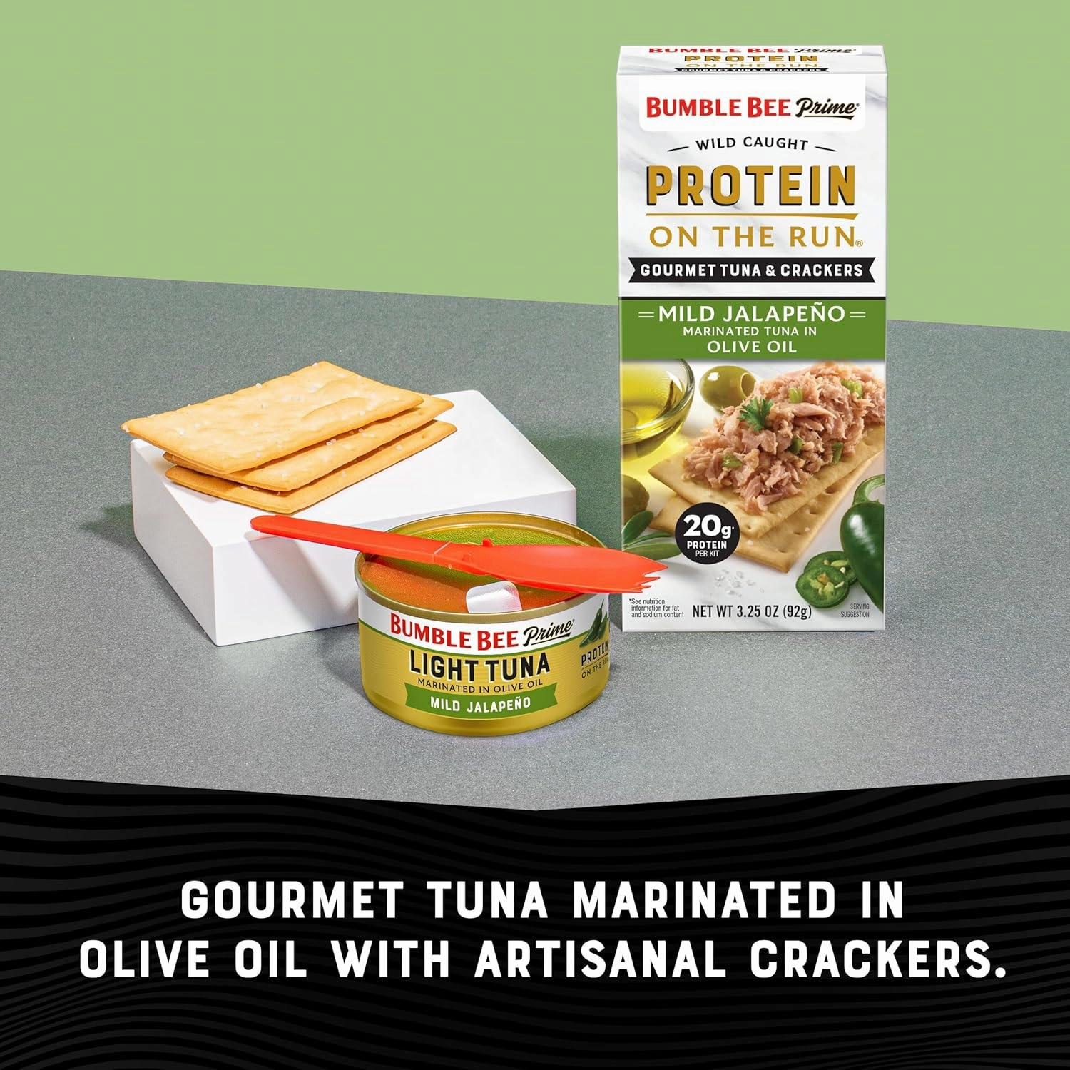 Bumble Bee Prime Protein on the Run Tuna Snack Kit, Pack of 12 - Gourmet Tuna Marinated in Olive Oil & Mild Jalapeno with Crackers and Serving Utensil - 20g of Protein Per Serving