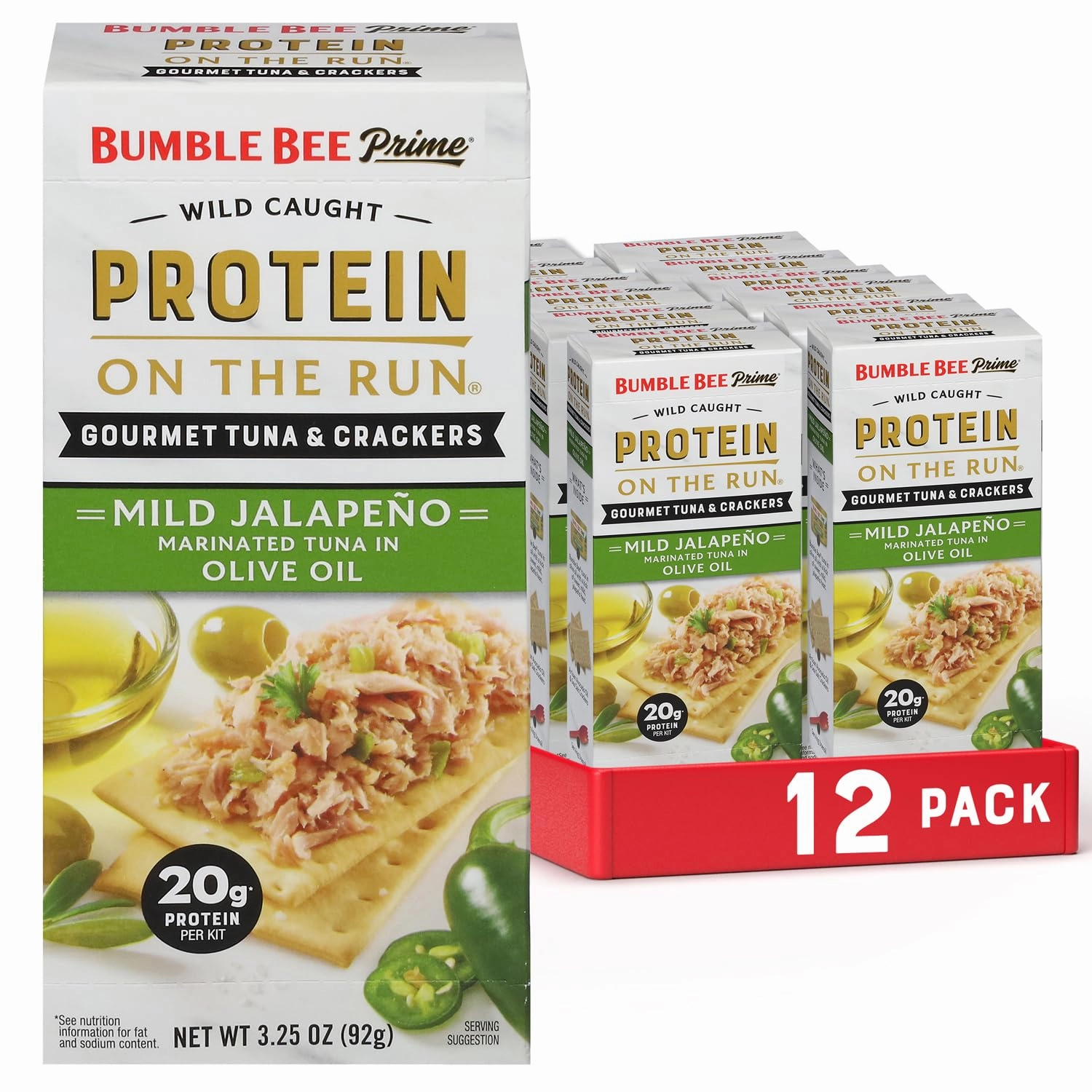 Bumble Bee Prime Protein on the Run Tuna Snack Kit, Pack of 12 - Gourmet Tuna Marinated in Olive Oil & Mild Jalapeno with Crackers and Serving Utensil - 20g of Protein Per Serving