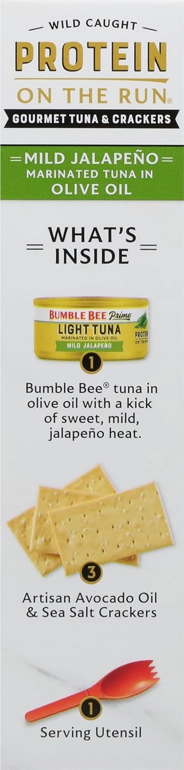 Bumble Bee Prime Protein on the Run Tuna Snack Kit, Pack of 12 - Gourmet Tuna Marinated in Olive Oil & Mild Jalapeno with Crackers and Serving Utensil - 20g of Protein Per Serving