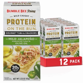 Bumble Bee Prime Protein on the Run Tuna Snack Kit, Pack of 12 - Gourmet Tuna Marinated in Olive Oil & Mild Jalapeno with Crackers and Serving Utensil - 20g of Protein Per Serving