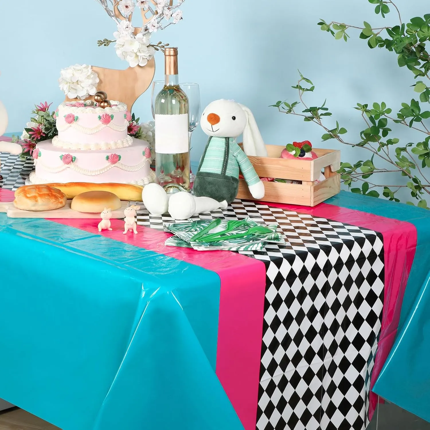 Buryeah Wonderland Tablecloth Checkered Plastic Table Cloth Racing Car Birthday Tablecloth Wonderland Party Decorations Car Party Decorations for Birthday Supplies, 54 x 108(Pink Blue Checkered,6 Pcs)