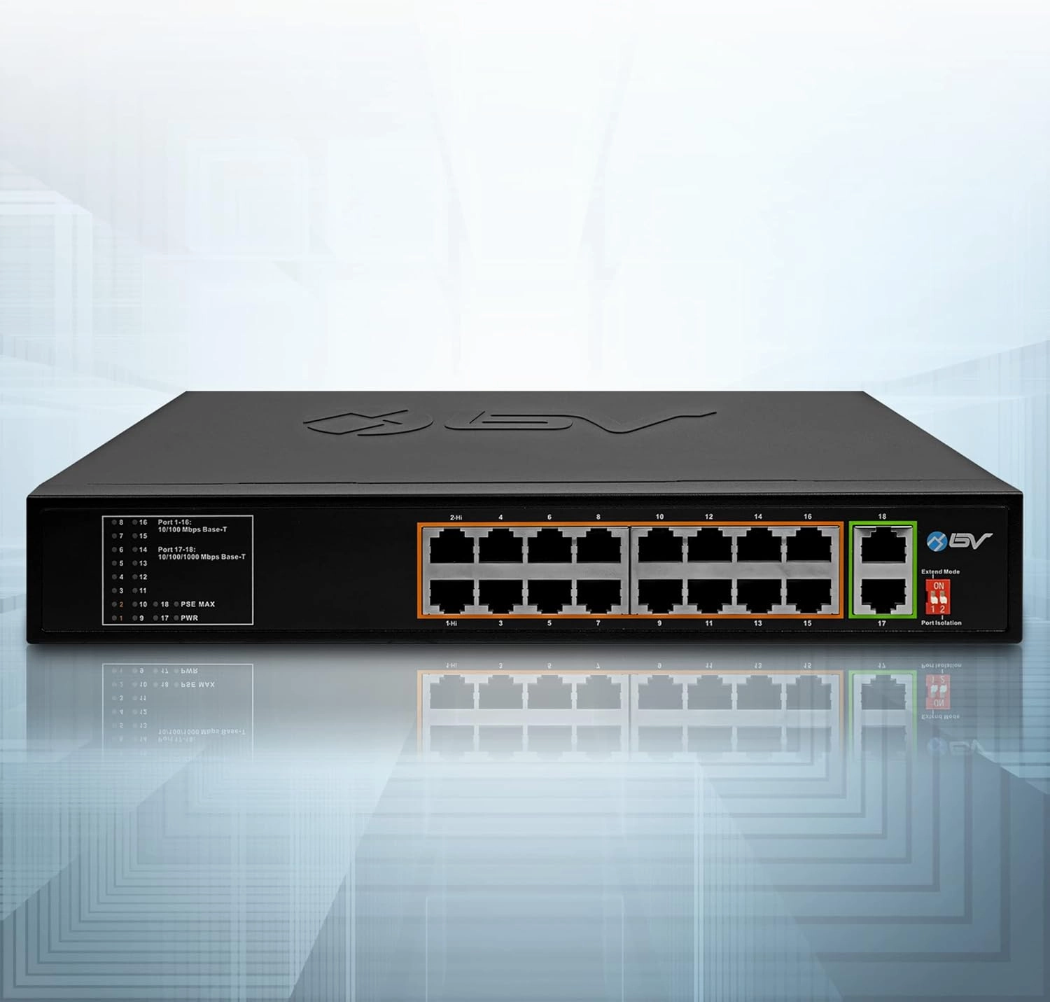 BV-Tech 18 Ports Long Range PoE  Switch (16 PoE  Ports | 2 Gigabit Ethernet uplink) - 19" Rackmount - 135W - 802.3af/at -Desktop Design for Easy Set Up