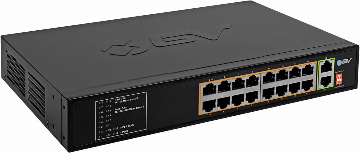 BV-Tech 18 Ports Long Range PoE  Switch (16 PoE  Ports | 2 Gigabit Ethernet uplink) - 19" Rackmount - 135W - 802.3af/at -Desktop Design for Easy Set Up