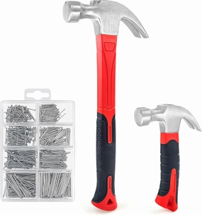 C&T 2 Piece Hammer Set,8oz Stubby Claw Hammer With Magnetic Nail Starter & 16oz Fiberglass General Purpose Claw Hammer & 560pcs Hardware Nail Assortment Kit, Soft Nonslip Handle & Heat Treated Head