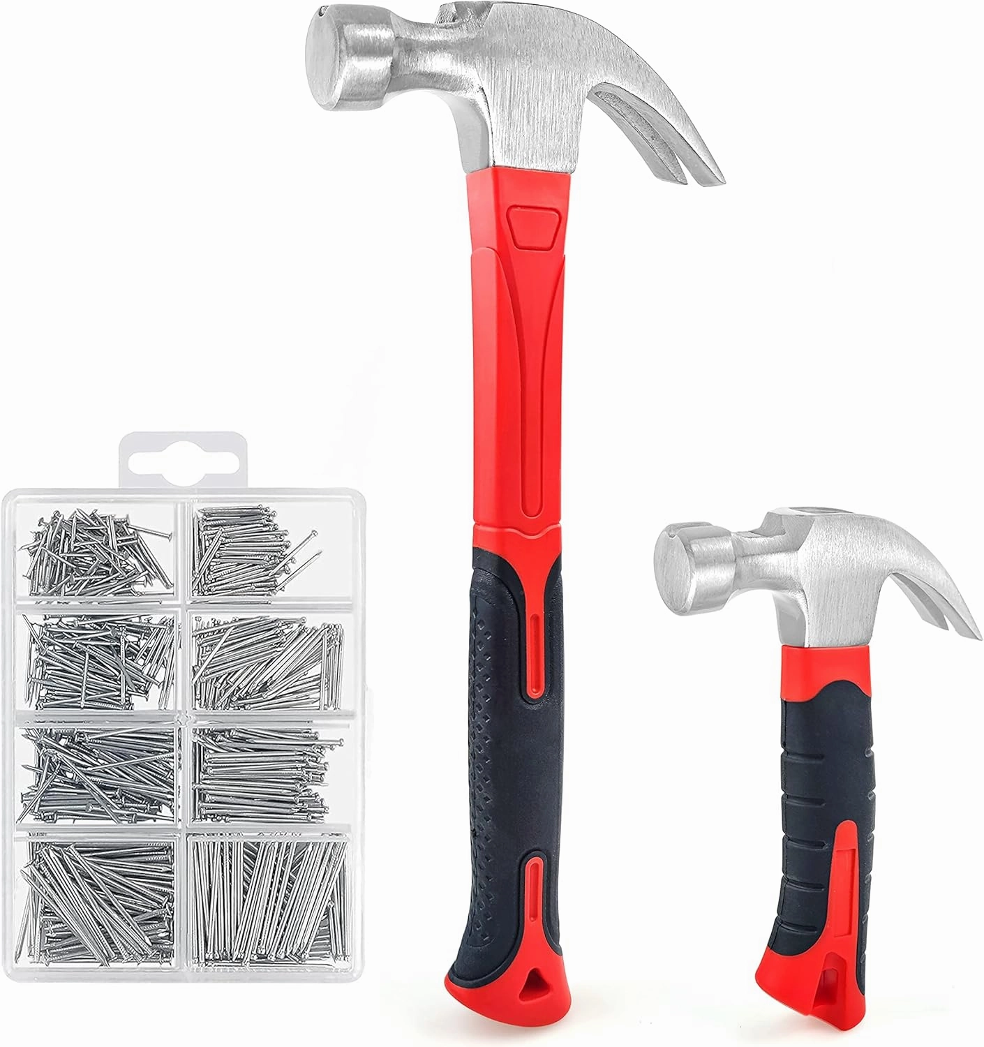 C&T 2 Piece Hammer Set,8oz Stubby Claw Hammer With Magnetic Nail Starter & 16oz Fiberglass General Purpose Claw Hammer & 560pcs Hardware Nail Assortment Kit, Soft Nonslip Handle & Heat Treated Head
