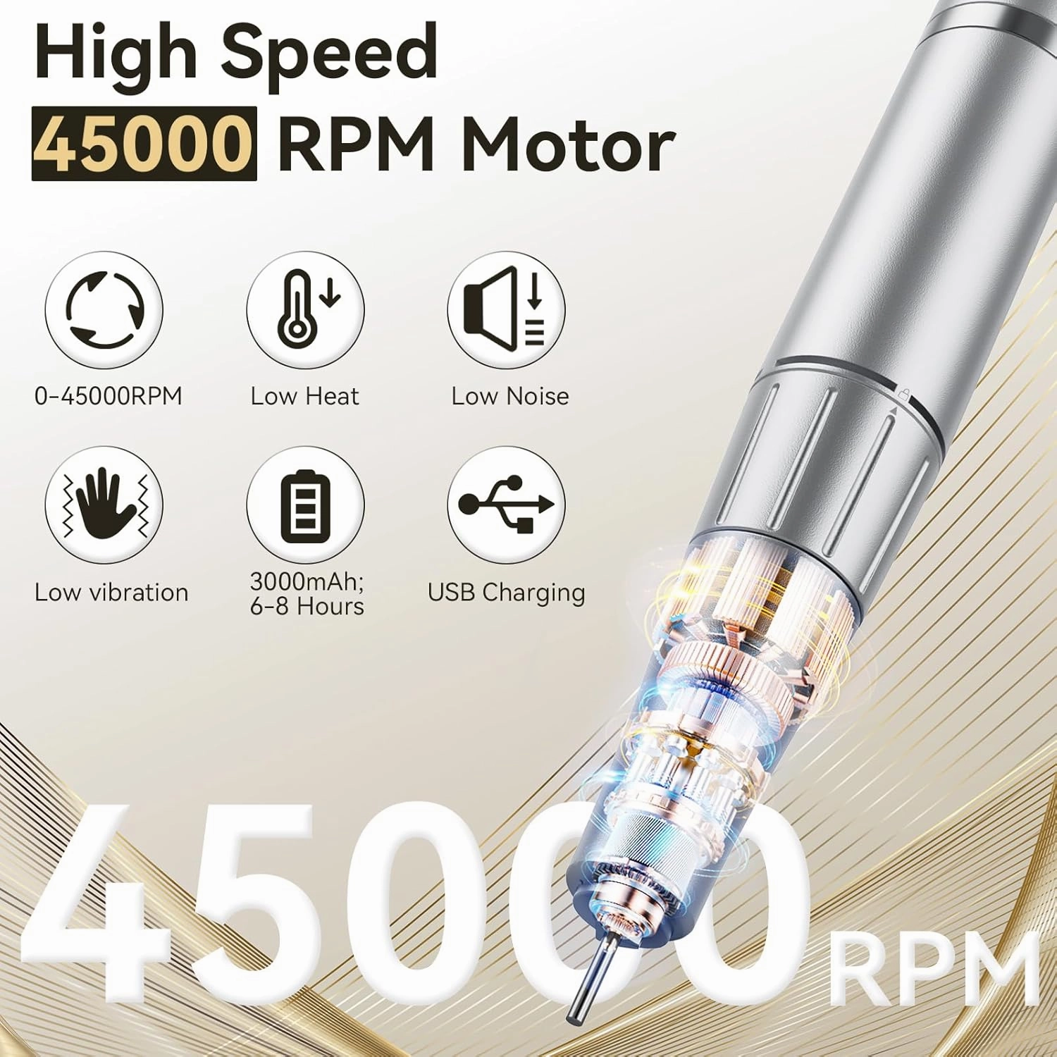 Cadrim Electric Nail Drill Professional 45000 RPM,Rechargeable Electric Nail File Kit, Portable Efile Nail Drill for Acrylic Gel Nails Polishing Removing, E File for Manicure Salon Home, White