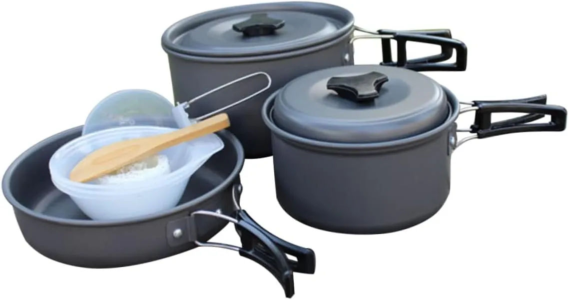 Camping Cookware Kit 2-3 Person Portable Folding Cookware Outdoor Cooking Set Removable Handle for Camping Hiking and Backpacking