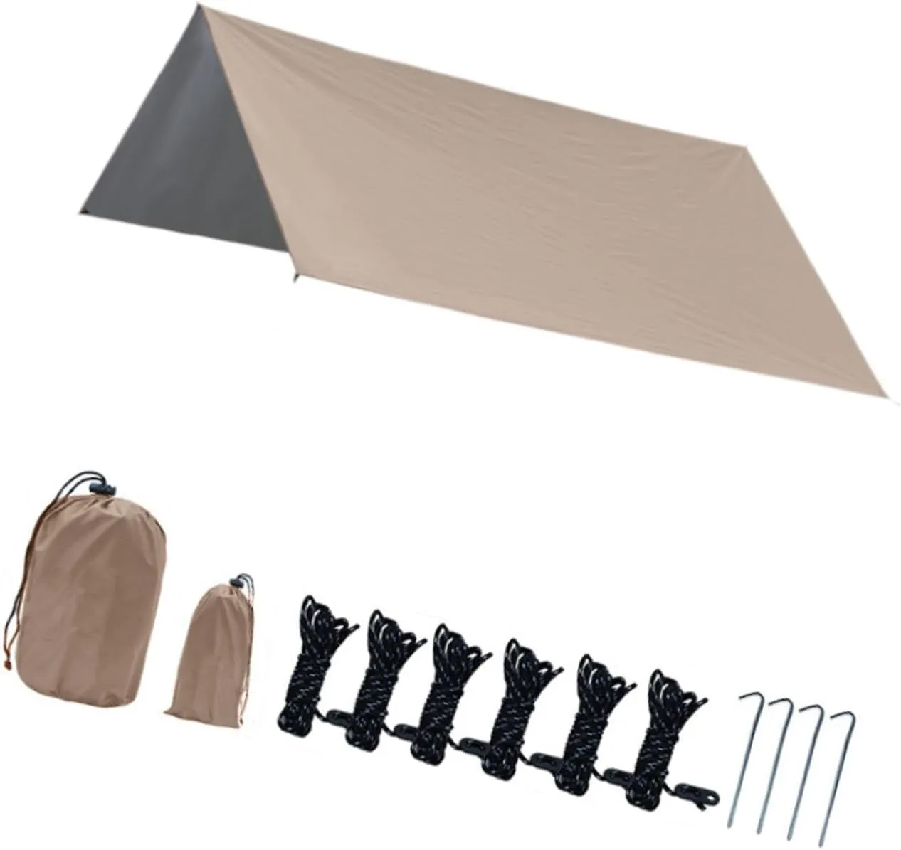 Camping Tarp Rain Shelter Rainproof Compact Hammock Tarp Tent Tarp Camping Canopy for Garden BBQ Hiking Traveling Backpacking, Khaki
