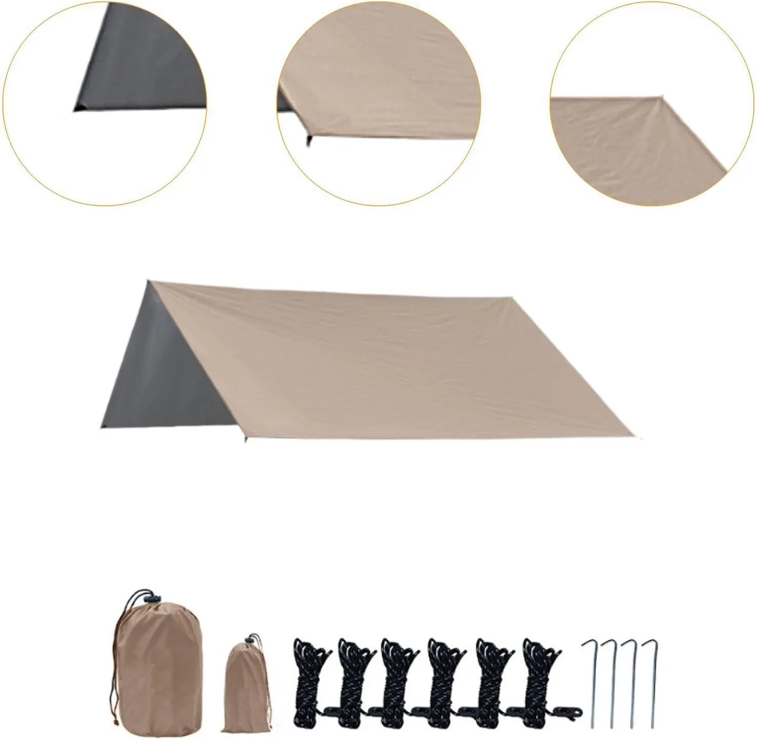 Camping Tarp Rain Shelter Rainproof Compact Hammock Tarp Tent Tarp Camping Canopy for Garden BBQ Hiking Traveling Backpacking, Khaki