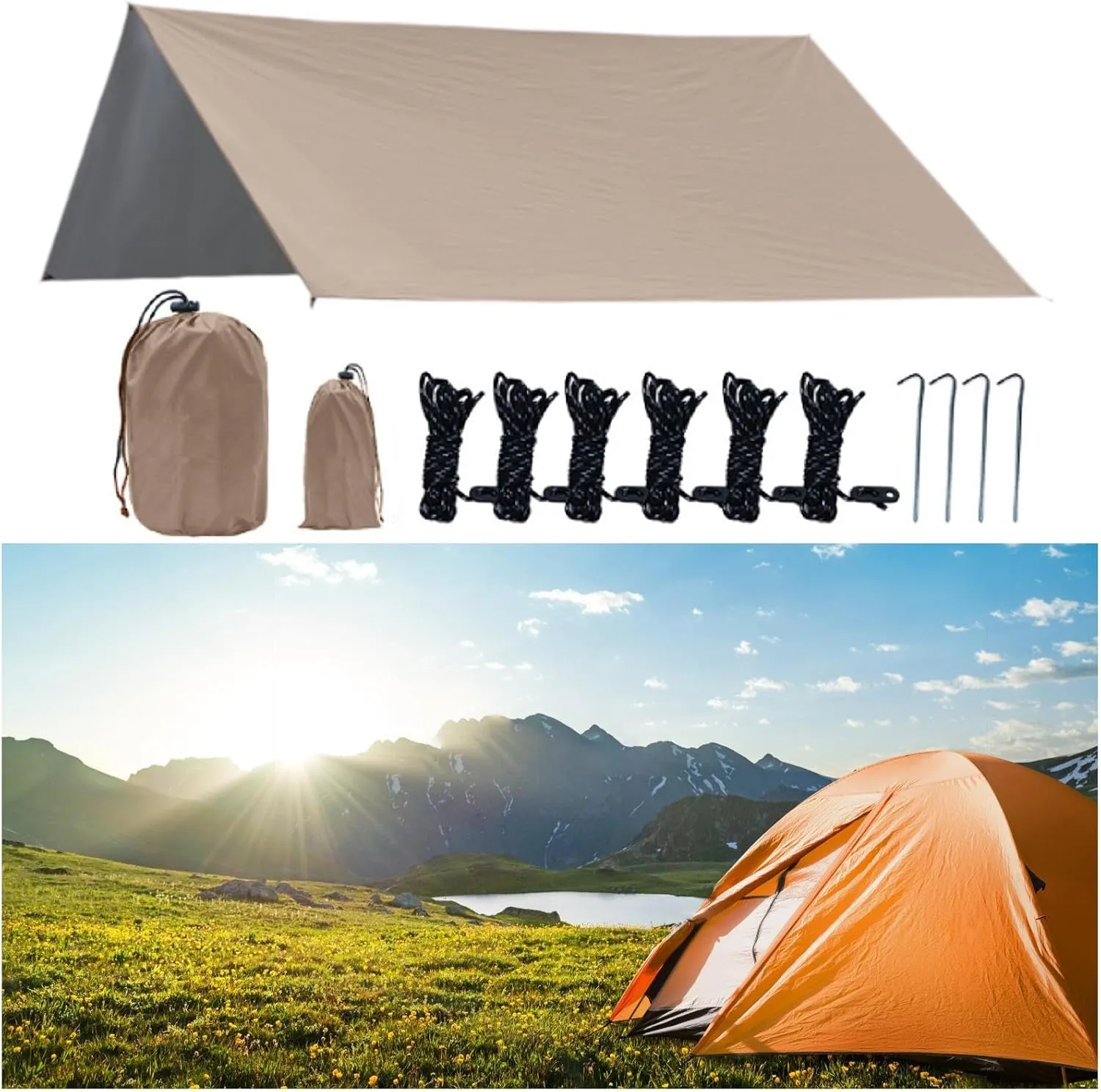 Camping Tarp Rain Shelter Rainproof Compact Hammock Tarp Tent Tarp Camping Canopy for Garden BBQ Hiking Traveling Backpacking, Khaki