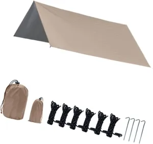 Camping Tarp Rain Shelter Rainproof Compact Hammock Tarp Tent Tarp Camping Canopy for Garden BBQ Hiking Traveling Backpacking, Khaki