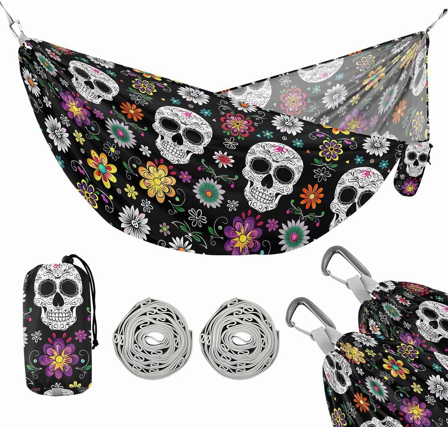 Camping Hammock Outdoor Hammocks for Outside Sugar Skull Beach Trees Portable Lightweight with Pockets Tree Straps Indoor
