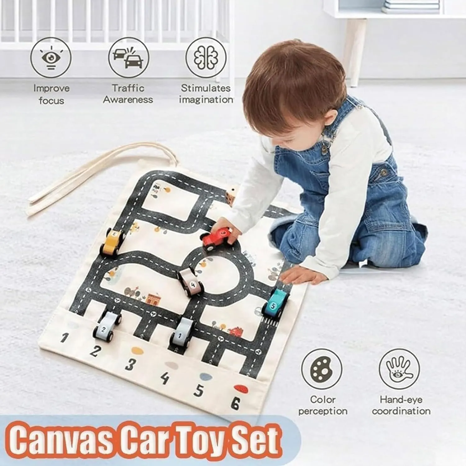 Canvas Car Toy Set, Wooden Car Canvas Sheets Track Game Mat, Car Adventure Travel Game Road Map, Parent-Child Interaction Traffic Playset for Kids Problem-Solving & Creative Learning(1 Set)