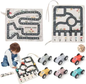 Canvas Car Toy Set, Wooden Car Canvas Sheets Track Game Mat, Car Adventure Travel Game Road Map, Parent-Child Interaction Traffic Playset for Kids Problem-Solving & Creative Learning(1 Set)