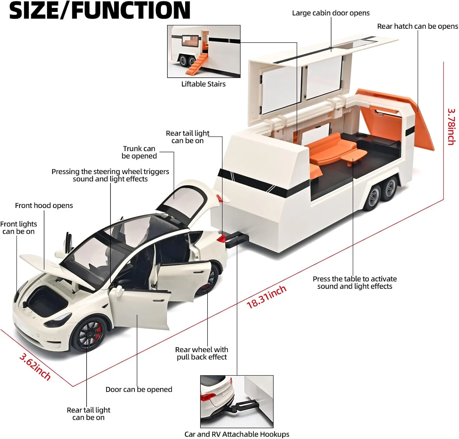 Car for Boys 1/24 Diecast Cars Y Toy Trailer,Die Cast Metal Y Toy Car,Metal Trailer Toys for Toddlers,Pull Back Cars with Light and Sound,Cars for Kids Ages 3-5（White）