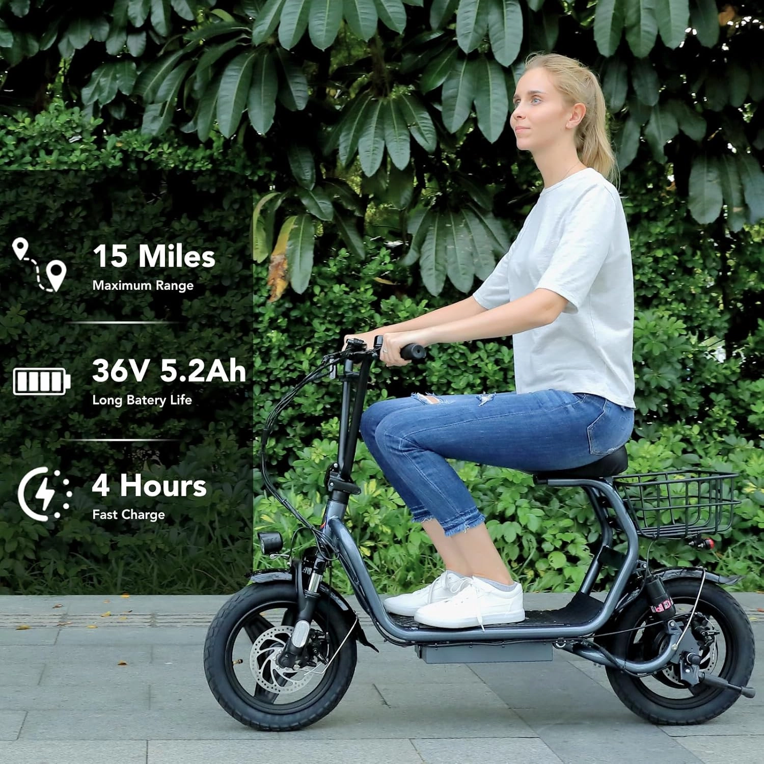 Caroma Peak 1200W Foldable Electric Scooter with Seat, 14" Fat Tire Adult Scooter, 500Wh Battery up to 30 Miles & 20MPH, Commuting with Basket & Shock Absorbing