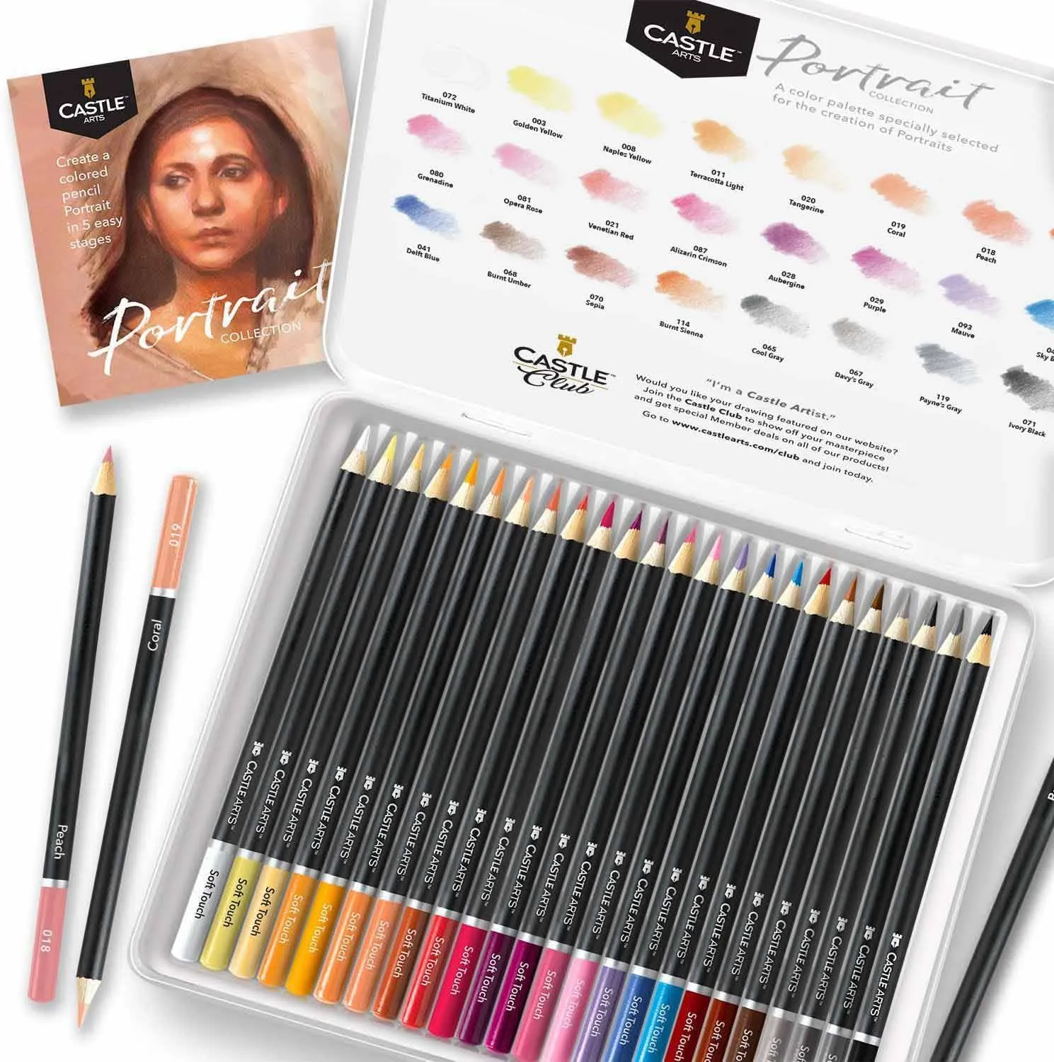 Castle Arts Themed 24 Coloured Pencil Set in Tin Box, perfect colours for ‘Portraits’. Featuring, smooth coloured cores, blending & layering - Ideal for Drawing, Sketching and Colouring