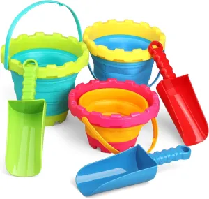 Castle Jumbo 3L Foldable Beach Sand Buckets Toy Set with 9 Inch Rake Shovels Spade, Silicone Collapsible Pails, Sandbox Kit Camping Traveling Garden Tool, Beach Essential for Vacation Kids Adults