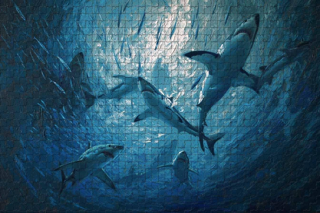 Challenging and Intense Jigsaw Game Featuring Great White Sharks and Schooling Fish in The deep Ocean 1000 Piece Puzzle for Adults and Marine Life Enthusiasts Wall Decor and Family Fun Gift